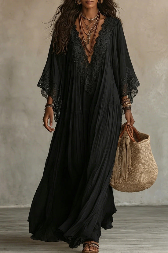 Lace patchwork V-neck long vacation beach dress 