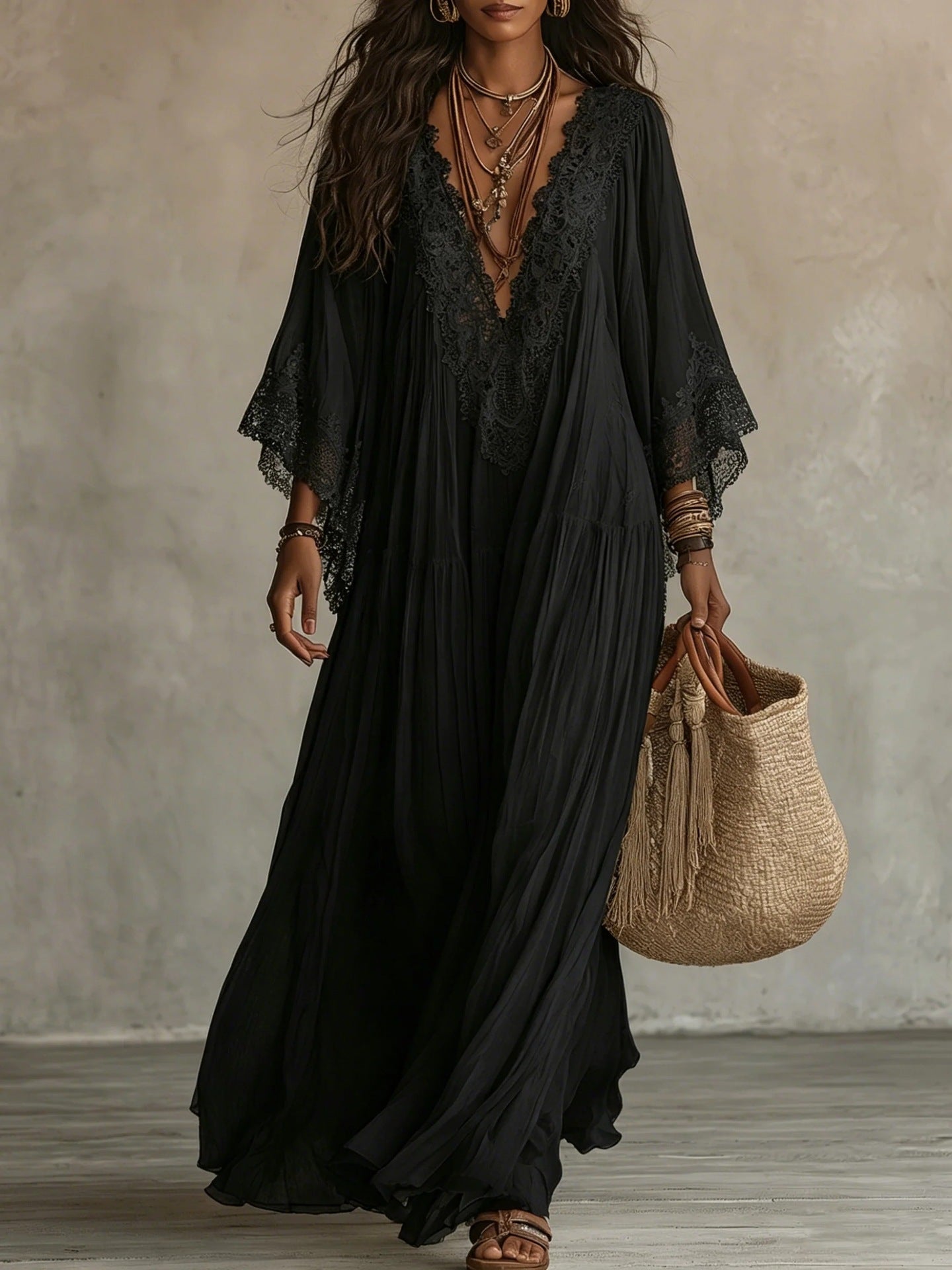 Lace patchwork V-neck long vacation beach dress 
