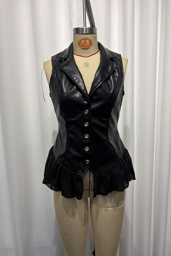 PU Leather Vest | Deep V Ruffle Hem Fitted Waist | Gothic Black 