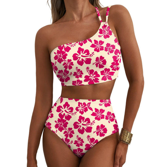 New women's high waisted bikini set with one shoulder floral print swimsuit, 2-piece set, belly cinching swimsuit 