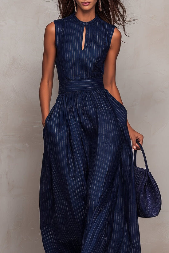 Deep blue striped sleeveless waist cinched wide leg jumpsuit 