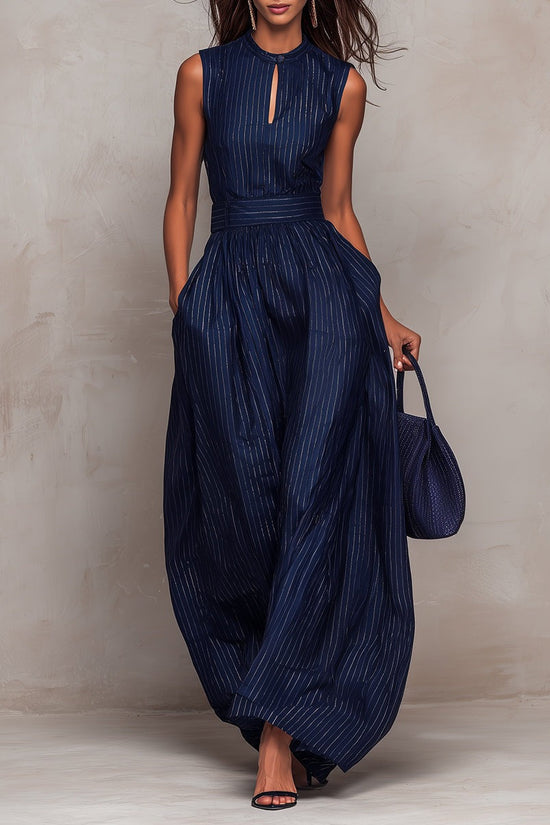 Deep blue striped sleeveless waist cinched wide leg jumpsuit 
