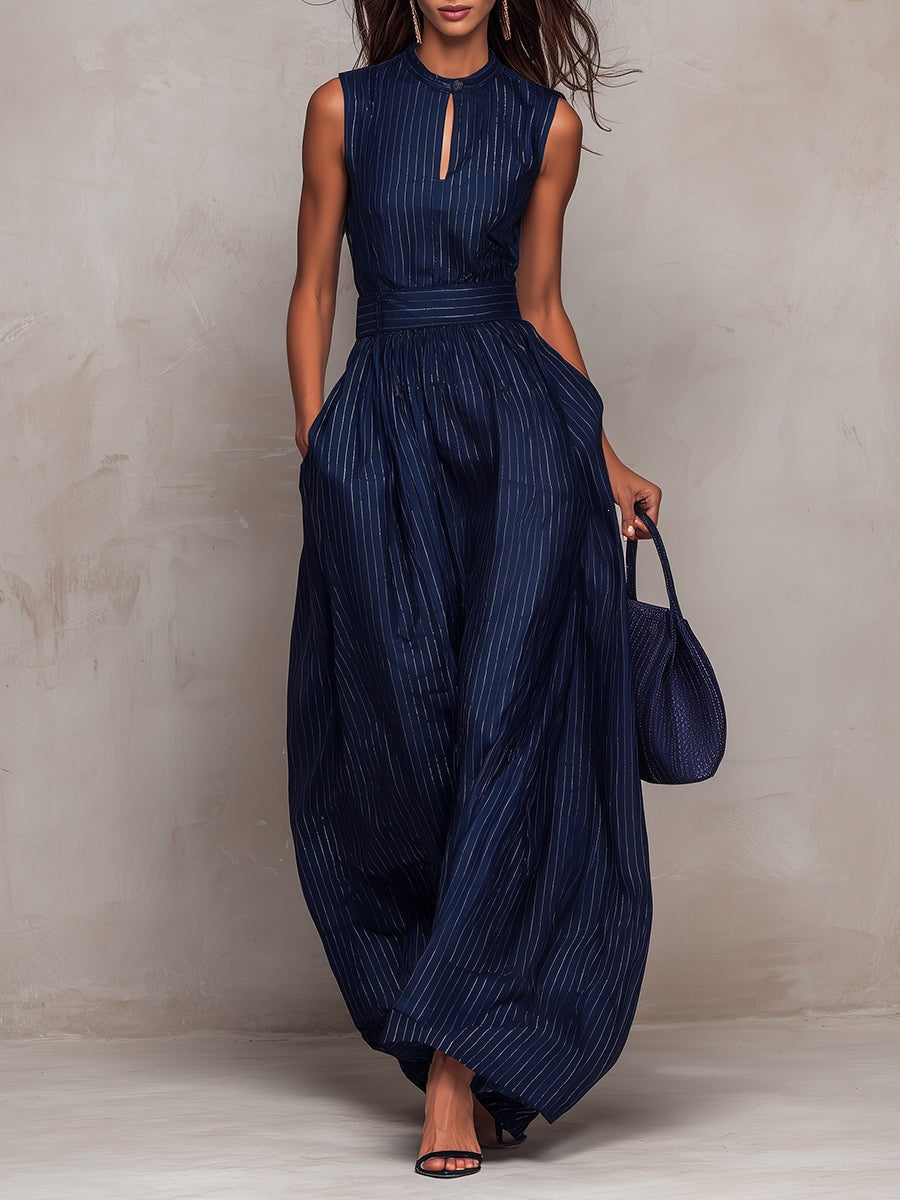 Deep blue striped sleeveless waist cinched wide leg jumpsuit 