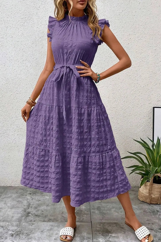 Tied Ruffled Cap Sleeve Midi Dress 