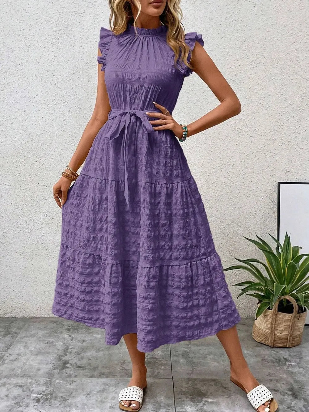 Tied Ruffled Cap Sleeve Midi Dress 