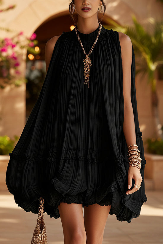 Sleeveless Pleated Mini Dress for Women, Loose A-Line Skirt with Ruffled Hem, Gathered Pleats, Casual Vacation Style, Flared Silhouette, Sweet Baby Doll Dress 