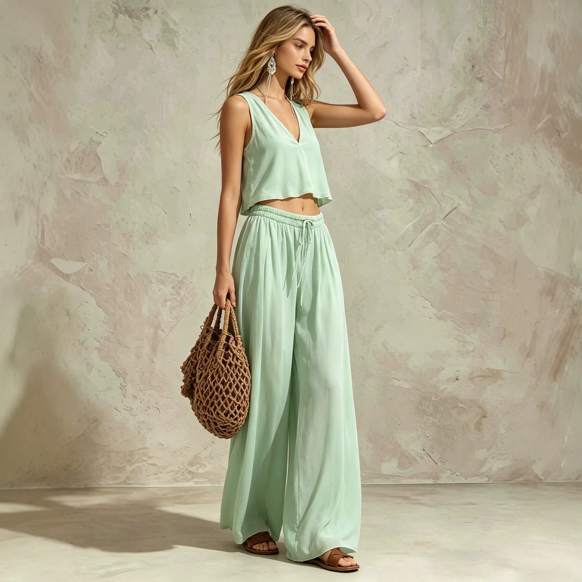 V-neck solid color sleeveless camisole top wide leg pants set