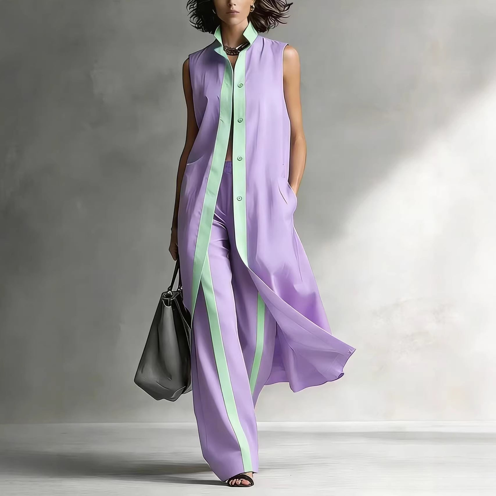Color blocking loose vest cardigan pants set 