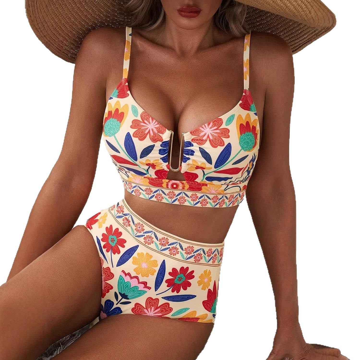 Floral Print High-Waisted U-Line Bikini Set Swimwear for Women 