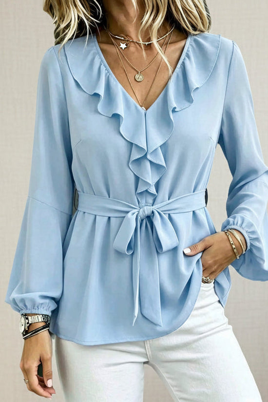 Elegant Women's V-Neck Ruffle Blouse with Tie Waist, Lantern Sleeves Long Sleeve Top 