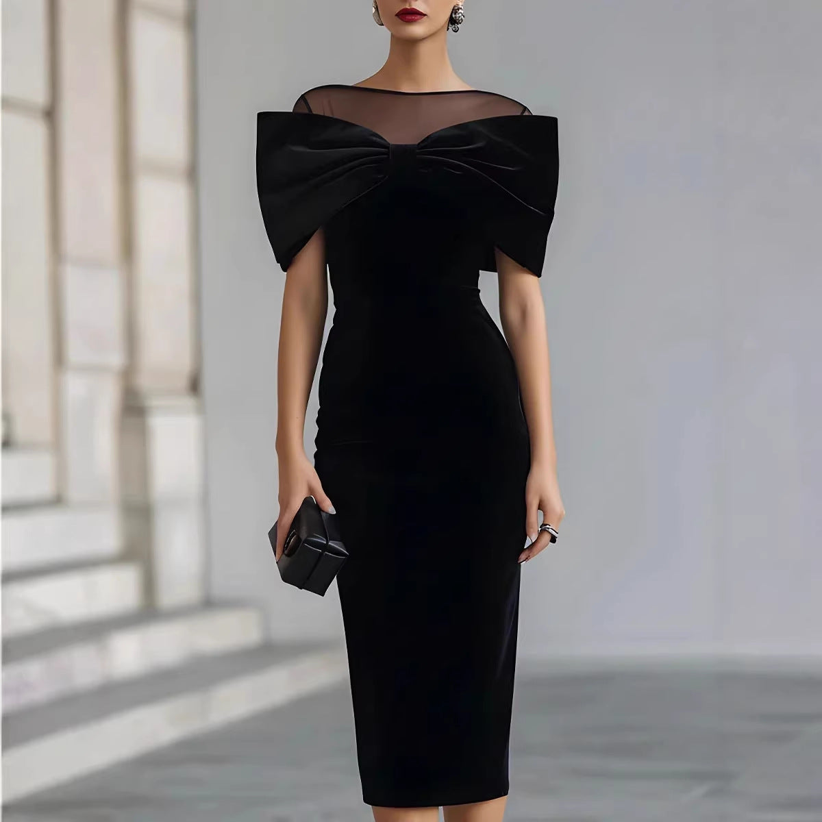 Chic Office Women's One-Shoulder Off-the-Shoulder Velvet Dress with Gold Thread 