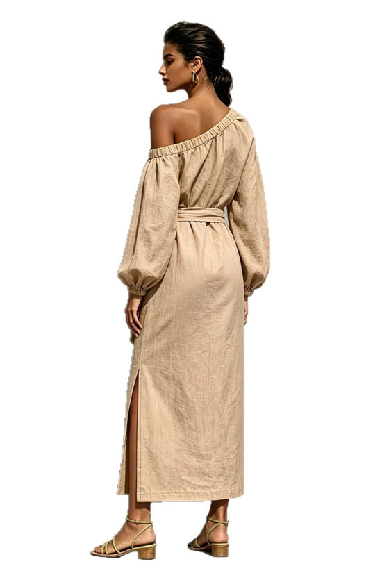 Fashionable Elegant Loose Linen Off-Shoulder Side Slit Dress with Belt 