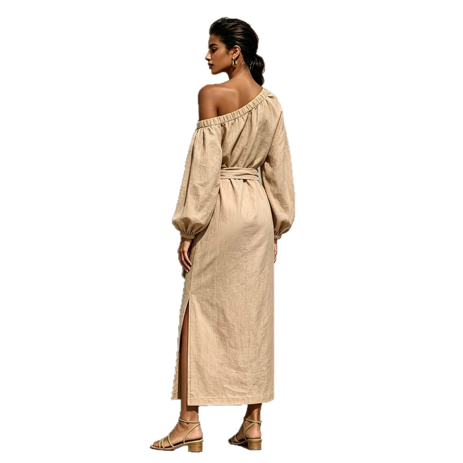 Fashionable Elegant Loose Linen Off-Shoulder Side Slit Dress with Belt 