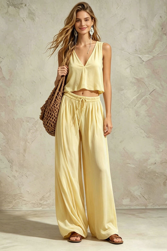 V-neck solid color sleeveless camisole top wide leg pants set