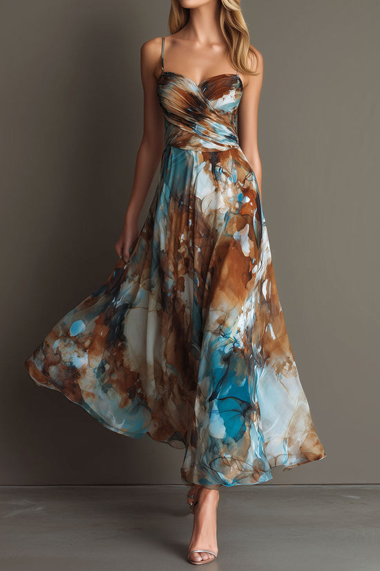 Fashionable Elegant Printed Dress with Sexy Straps, Waist-Cinching Flowy Beach Long Dress 