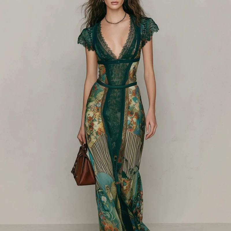 Vintage Emerald Green Lace V-Neck Short Sleeve Patchwork Oil Painting Print Fitted Flared Vacation Fish Tail Long Dress 