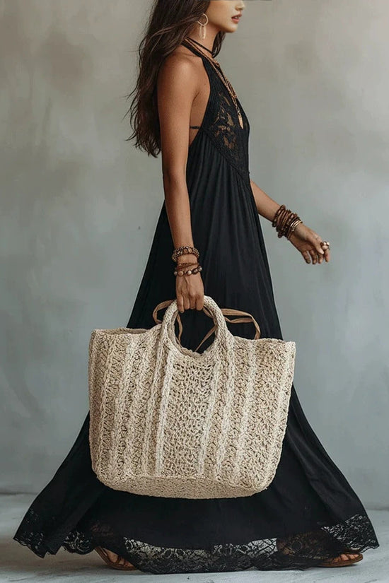 Style Black Lace Trim Sleeveless Long Dress Loose Vacation Style Maxi Dress Lace Dress 