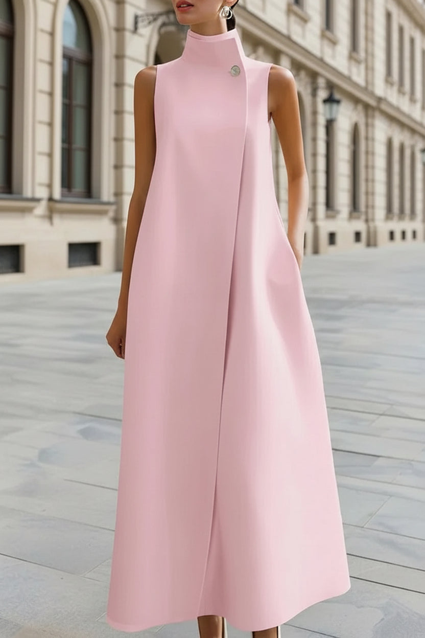 Elegant Sleeveless Long Dress with Stand Collar and Single Button Office Wear, Casual Fashion 