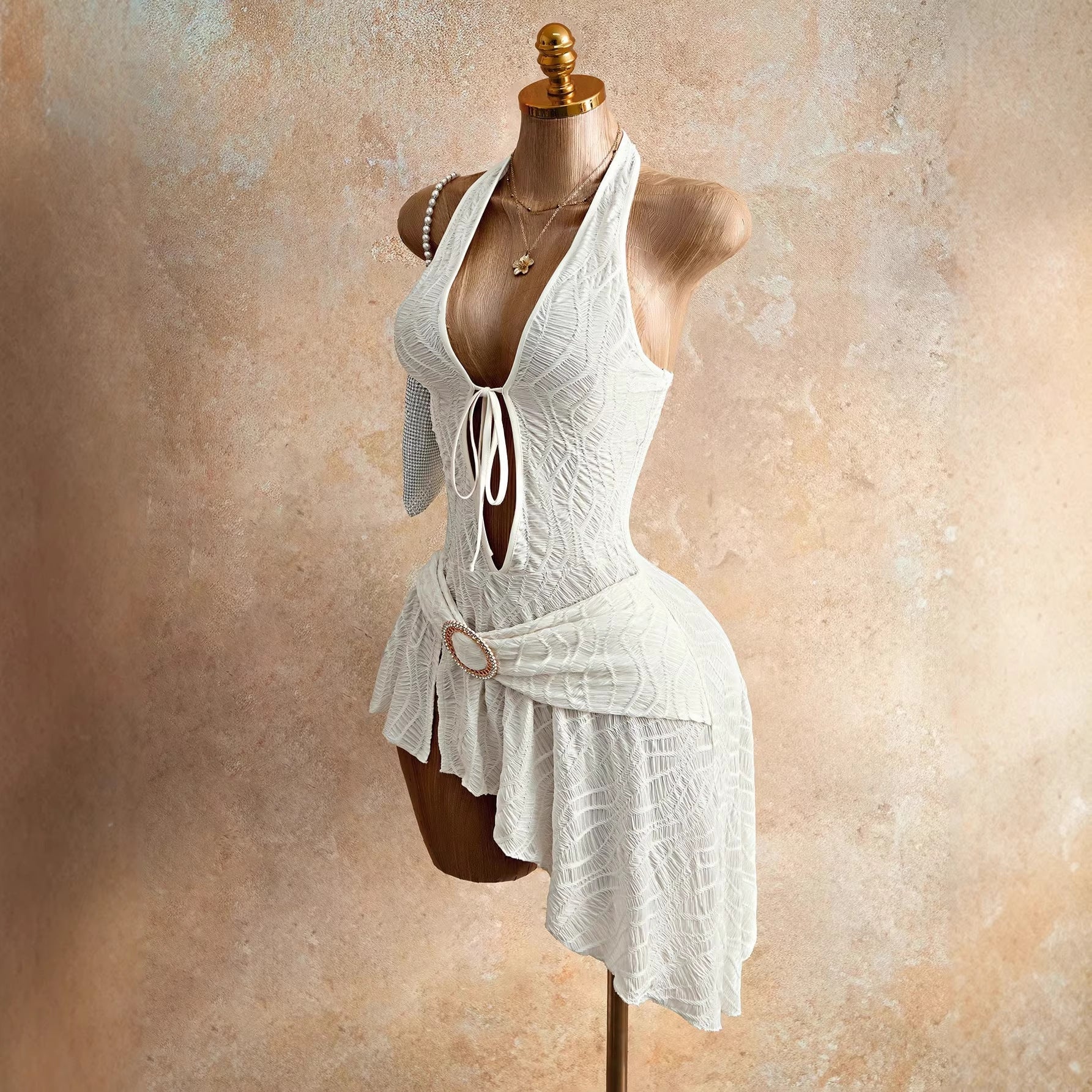 Deep V-Neck Tie-Up  Asymmetrical Dress White Strapless Irregular Hem 