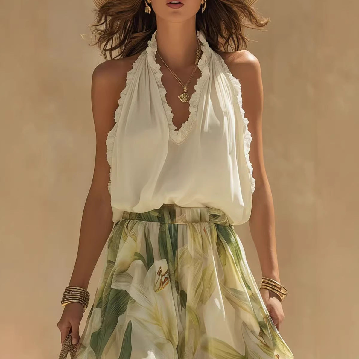 Spring New V-Neck Fitted Ruffle Elegant Dress 