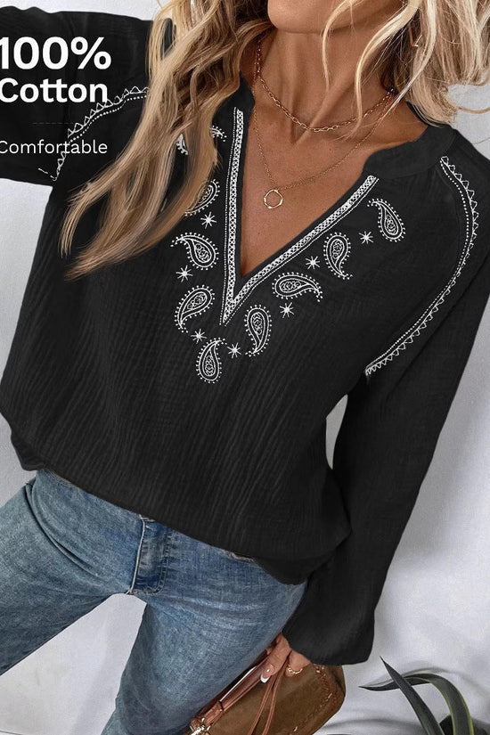 Ethnic Style Fashion Design V-Neck Embroidered Pure Cotton Top for Women 