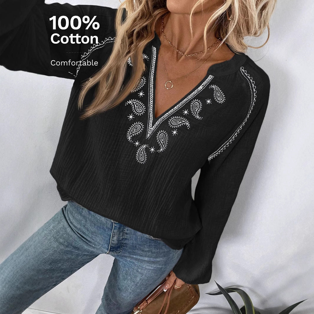Ethnic Style Fashion Design V-Neck Embroidered Pure Cotton Top for Women 