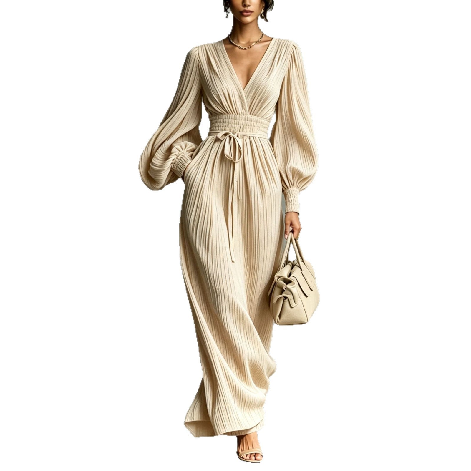 Solid color casual waist cinched long sleeved dress 