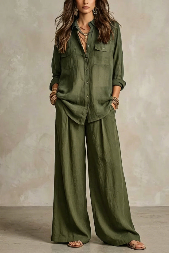 Chic Linen Set for Women, Breathable Lightweight Long Sleeve Shirt with Drapey Wide-Leg Pants, Vacation Style Casual Outfit 
