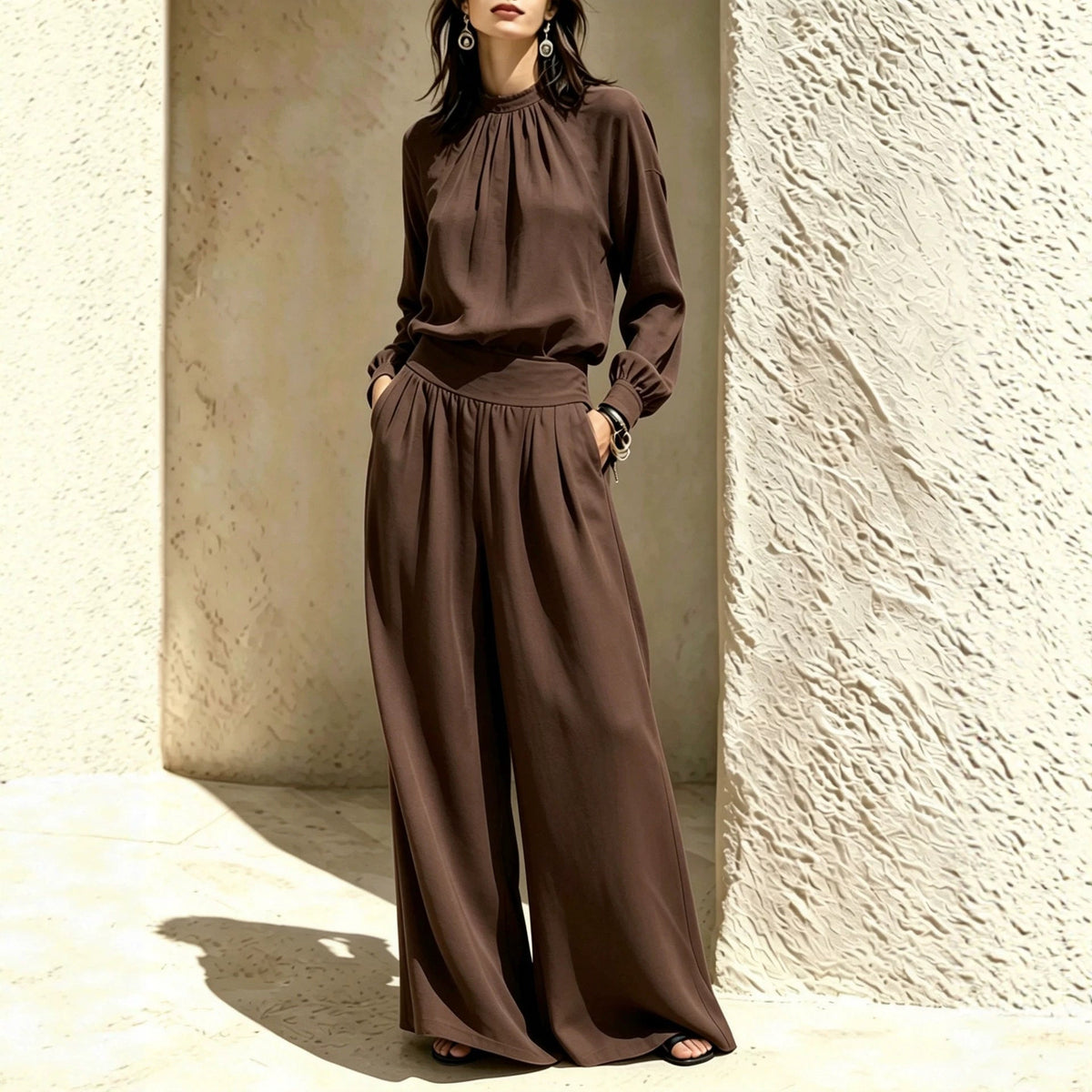 Casual Solid Color Long Sleeve Stand-up Collar Loose Fit Women's Fashion Set BlouseWide-leg Pants 