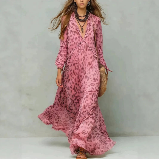 Leopard Print Chiffon Long Dress Deep V-Neck Three-Quarter Sleeve Flared Beach Vacation Dress 