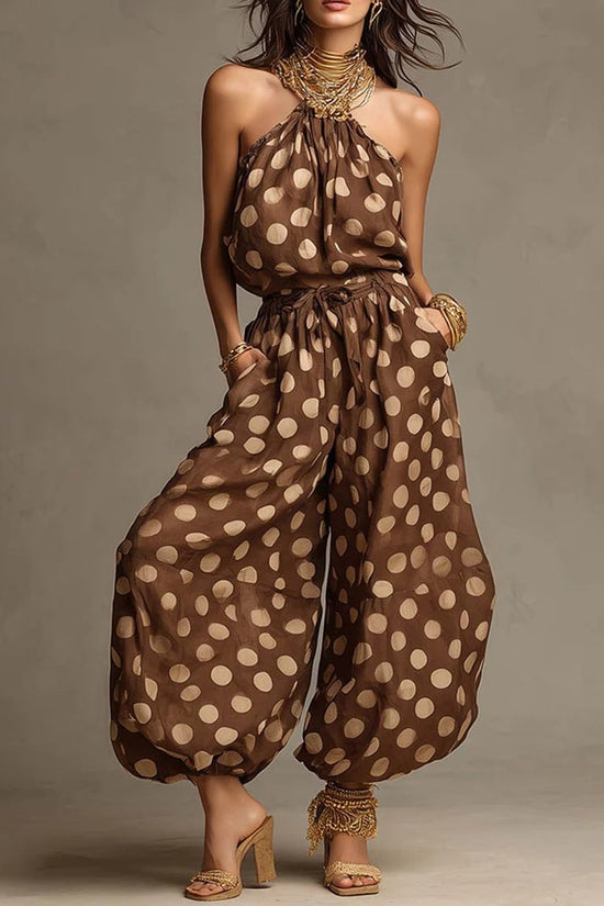 New  Polka Dot Halter Neck Women's Summer Bohemian Vacation Casual Beach Loose Wide-leg Jumpsuit 
