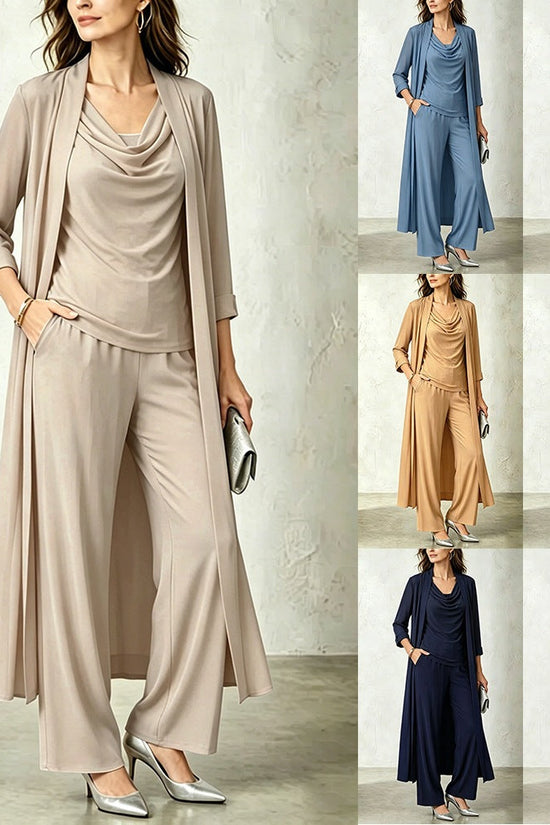 Long sleeved swing collar top long cardigan jacket long pants three piece set 