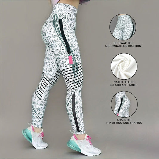 High Elastic Printed Yoga Pants for Women, High Waist, Tummy Control, Fitted Leggings, Gym Workout Bottoms 