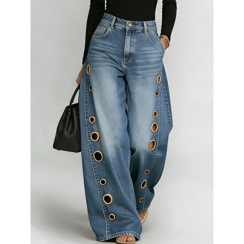 New jeans for women, metal eyelet design, casual loose high-waisted wide-leg jeans 