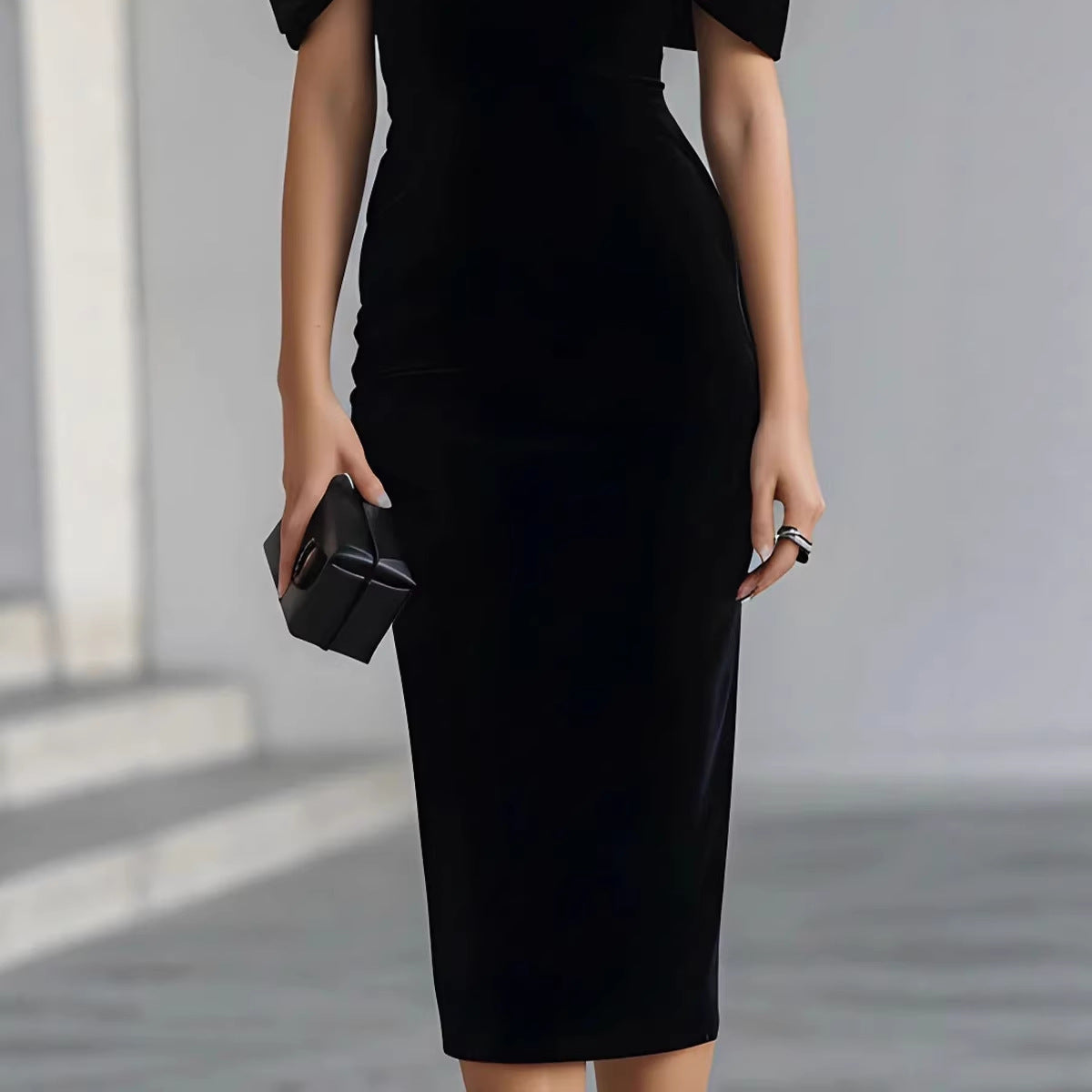 Chic Office Women's One-Shoulder Off-the-Shoulder Velvet Dress with Gold Thread 