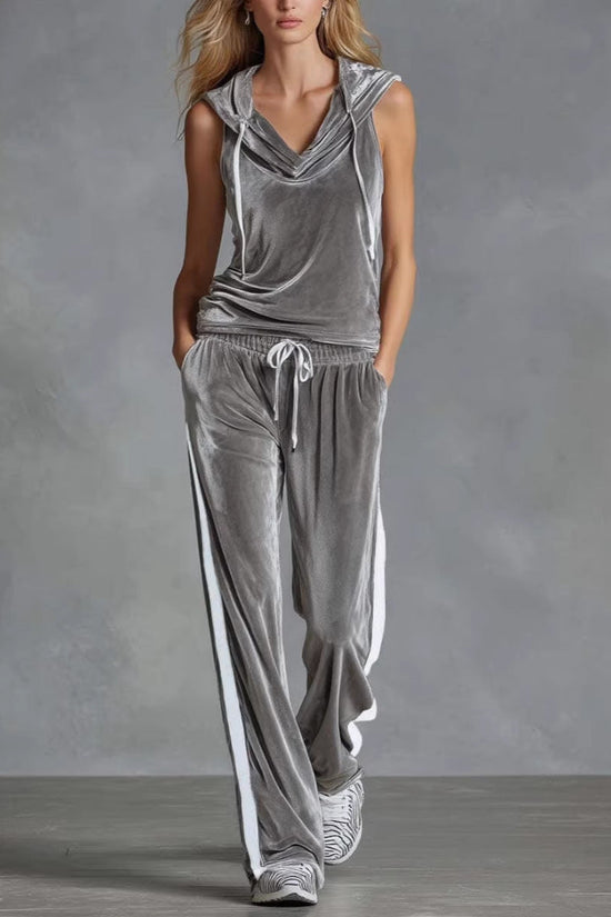 Fashionable Long Pants Sleeveless Hooded Velvet Two-Piece Set for Casual and Sporty Wear 