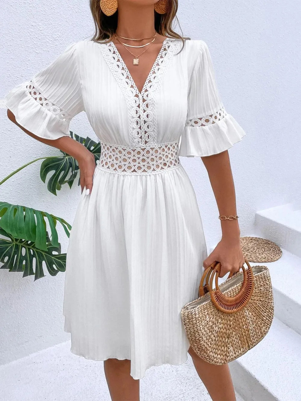Cutout V-Neck Flounce Sleeve Mini Dress 