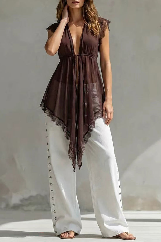 Lace patchwork lace up waist cinching see through top 