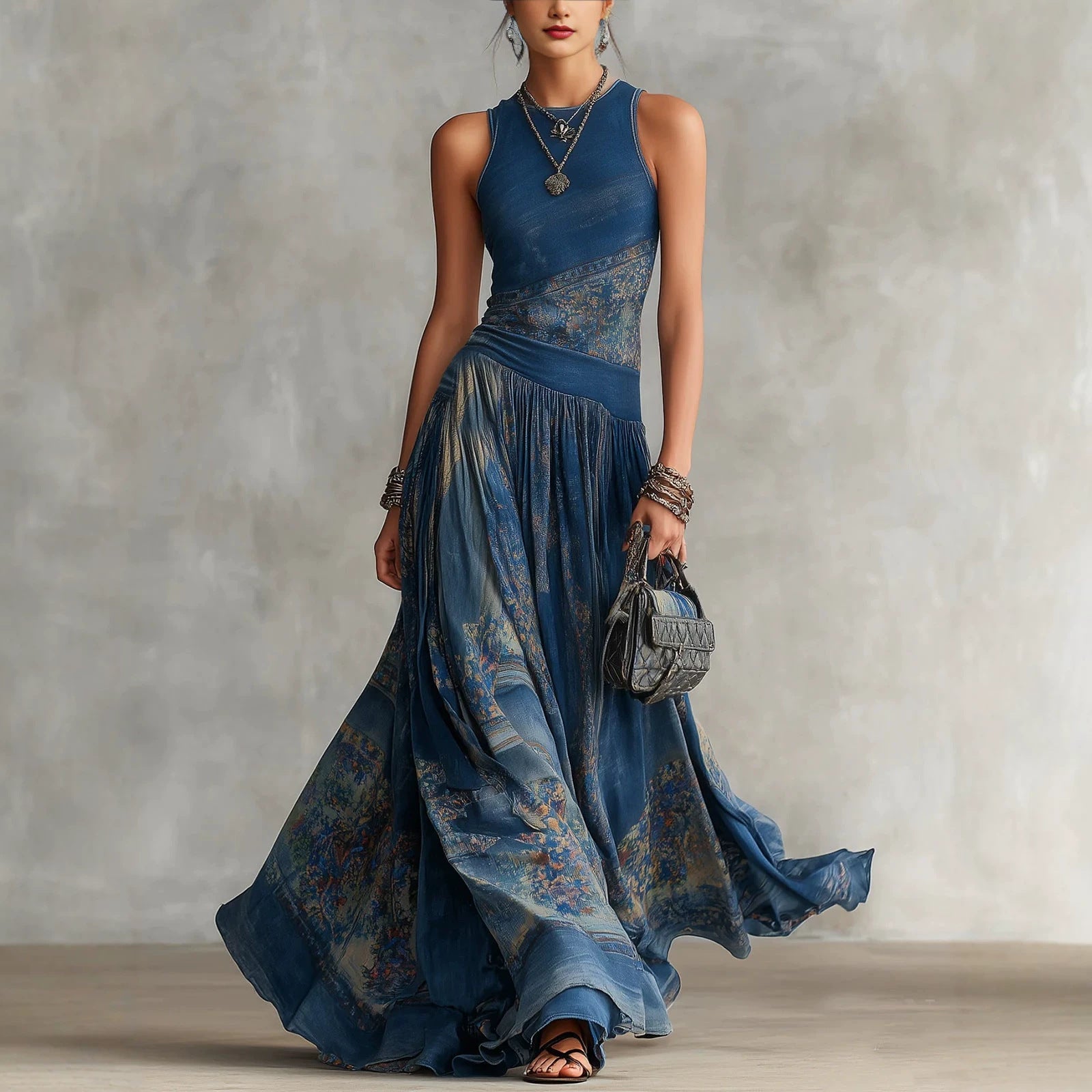 Printed sleeveless vest dress with elegant large swing round neck skirt 