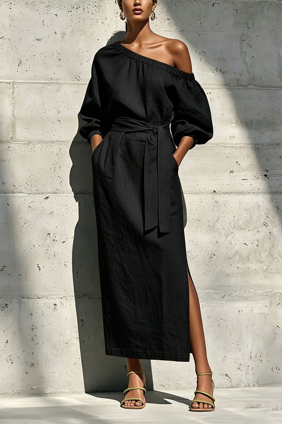Fashionable Elegant Loose Linen Off-Shoulder Side Slit Dress with Belt 