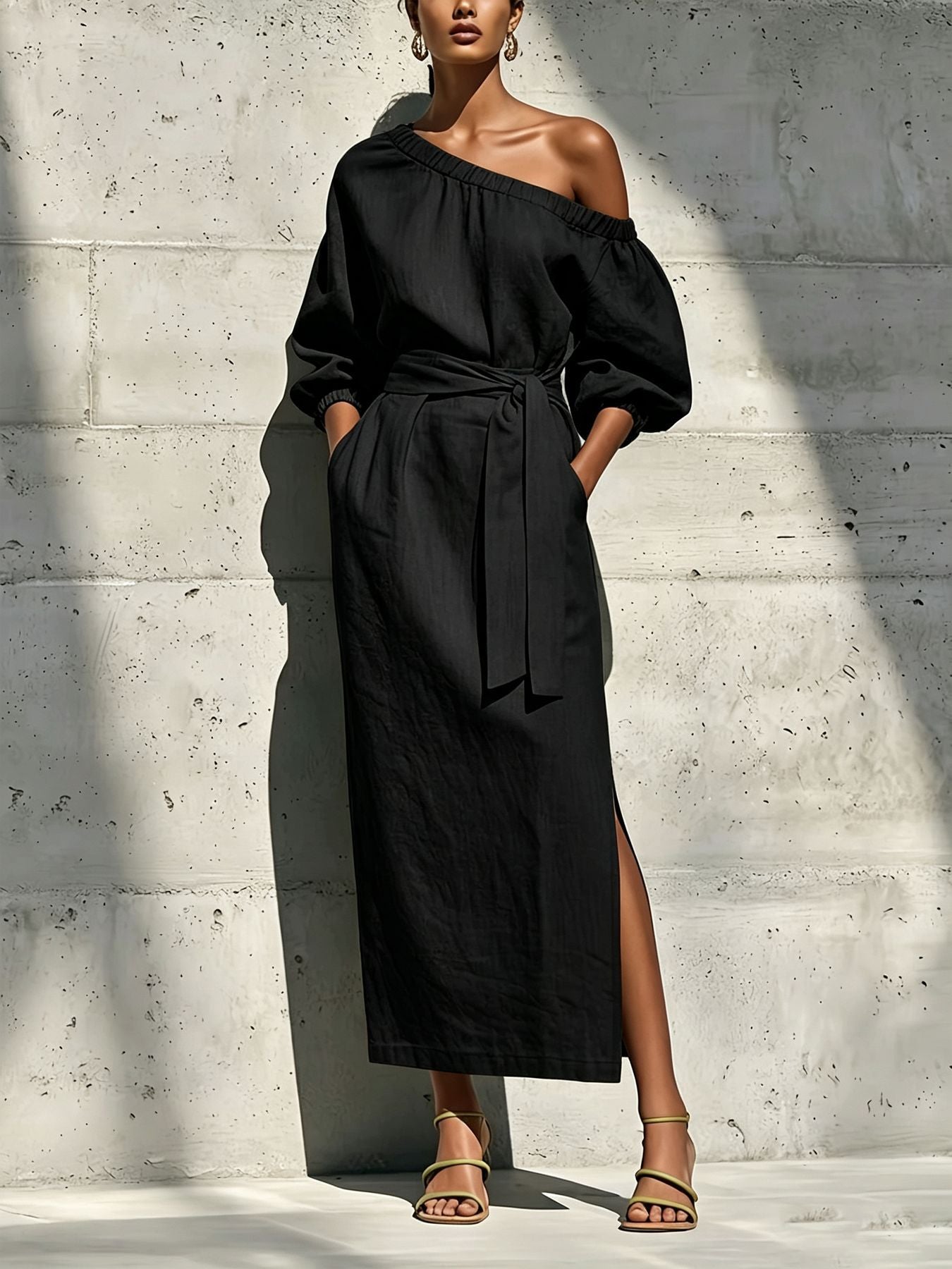 Fashionable Elegant Loose Linen Off-Shoulder Side Slit Dress with Belt 