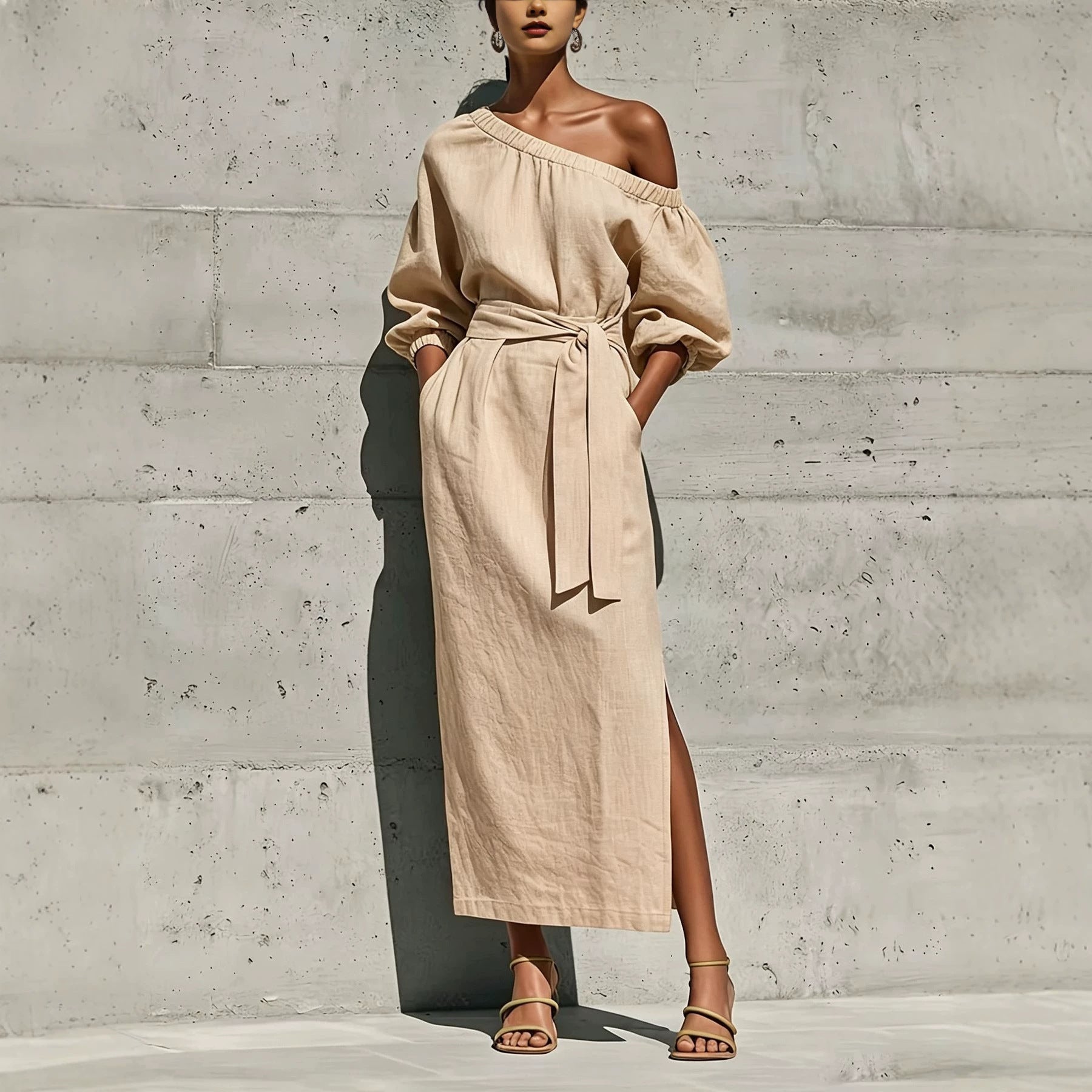 Fashionable Elegant Loose Linen Off-Shoulder Side Slit Dress with Belt 