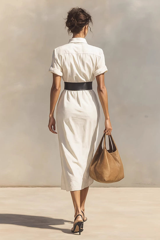 Solid color waist folded shirt long dress 