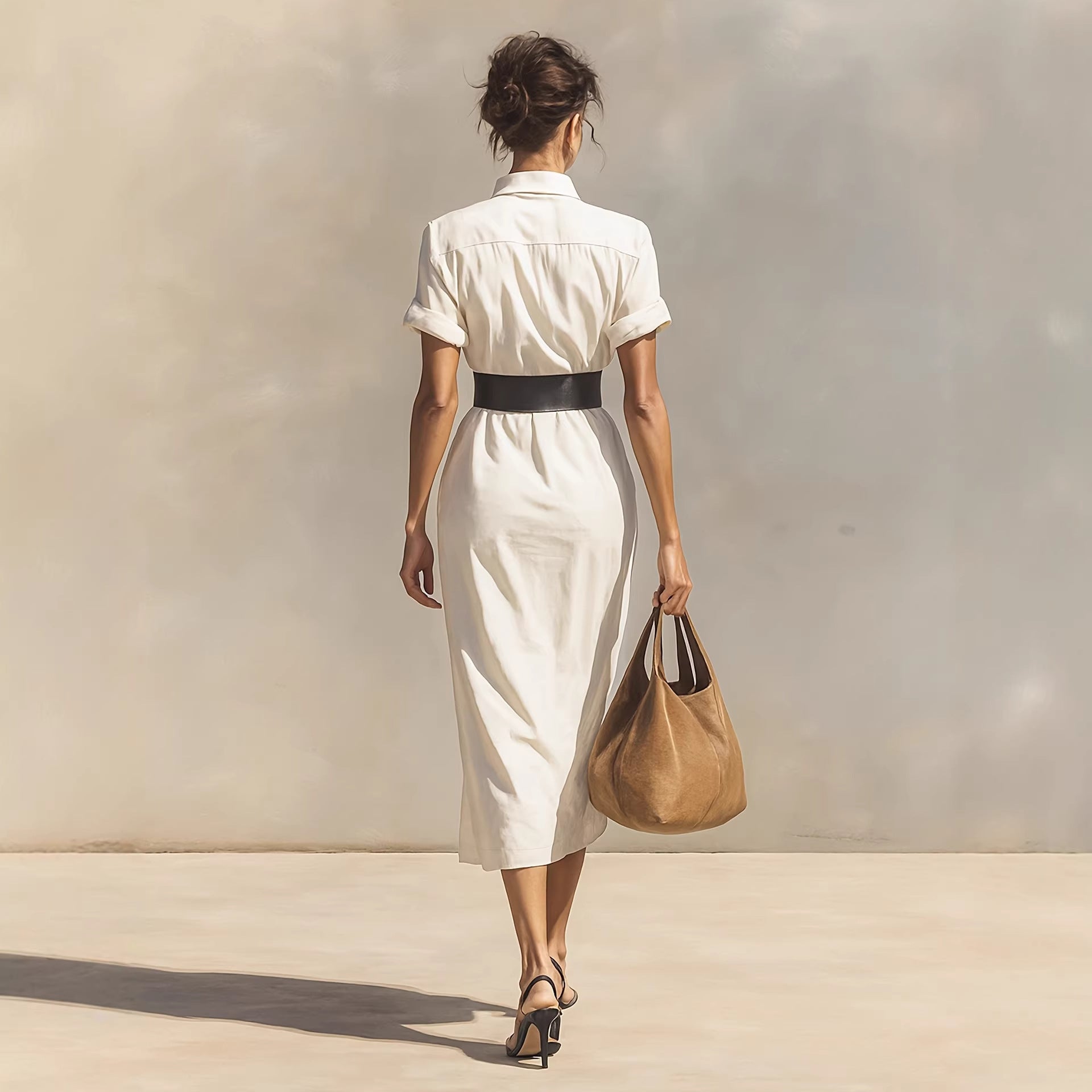Solid color waist folded shirt long dress 