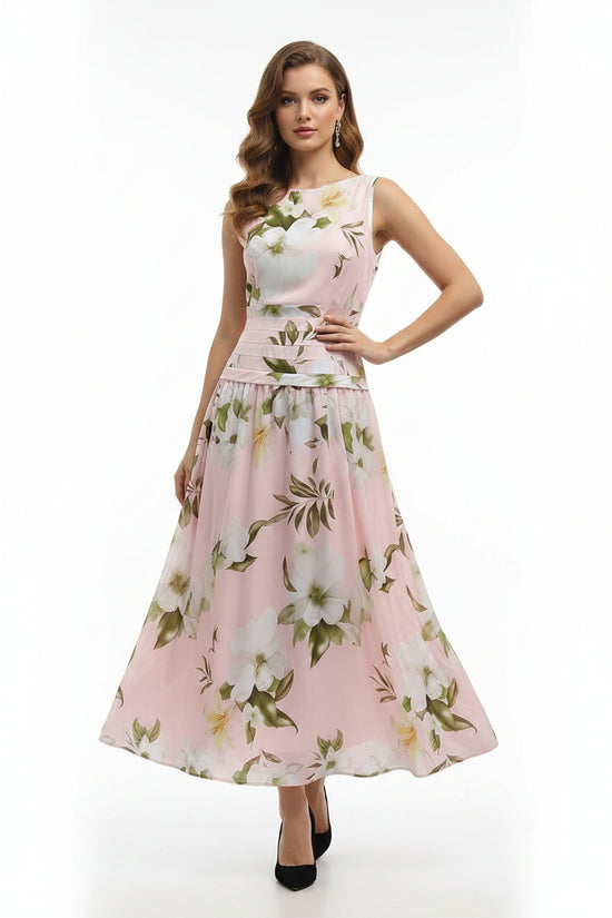 V-neck floral print women's dress sleeveless backless waist cinching long skirt 