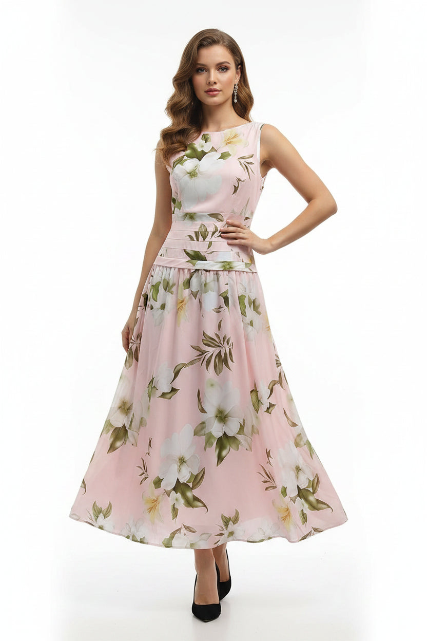 V-neck floral print women's dress sleeveless backless waist cinching long skirt 