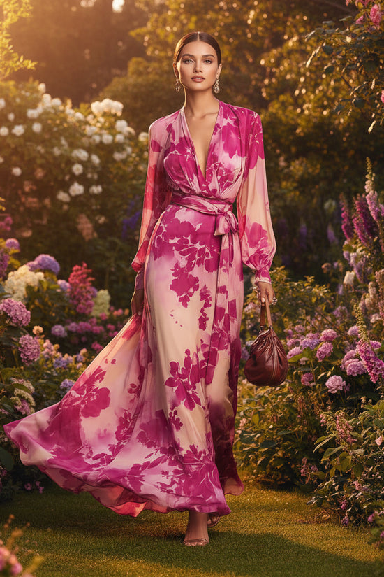 Printed Chiffon Long Sleeve V-Neck Tie-Up Dress Elegant Chic Spring New Long Dress 