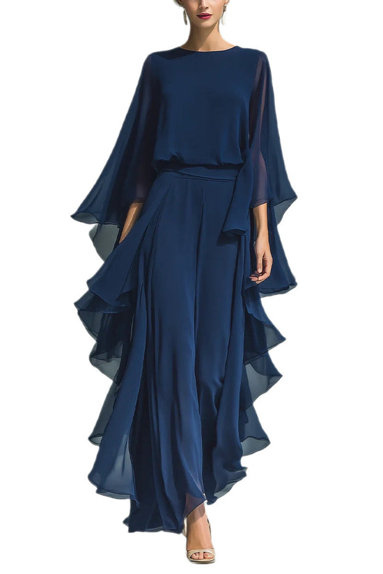 Deep Blue Ruffle Wide-Leg Pants Set for Women, Fashion Elegant Two-Piece Long Sleeve Casual Pants 