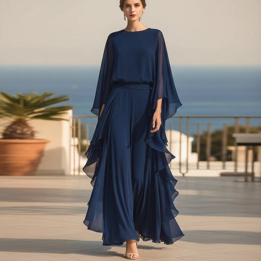 Deep Blue Ruffle Wide-Leg Pants Set for Women, Fashion Elegant Two-Piece Long Sleeve Casual Pants 