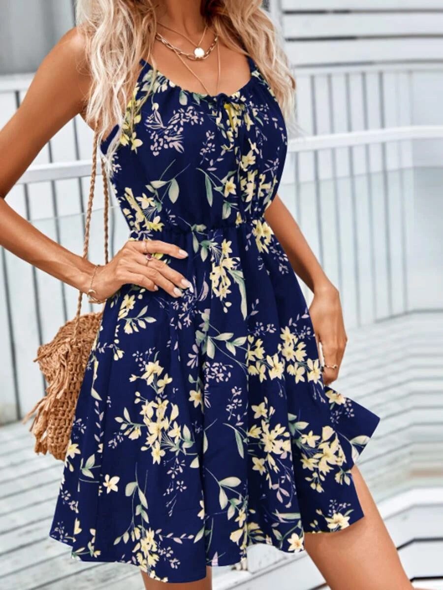 Elegant Sleeveless Printed Dress with Elastic Waist and Straps for Women 